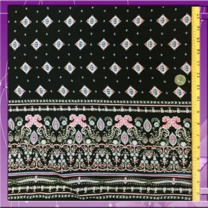 100% Rayon Challis One Border Black & Fuchsia Fabric by The Yard