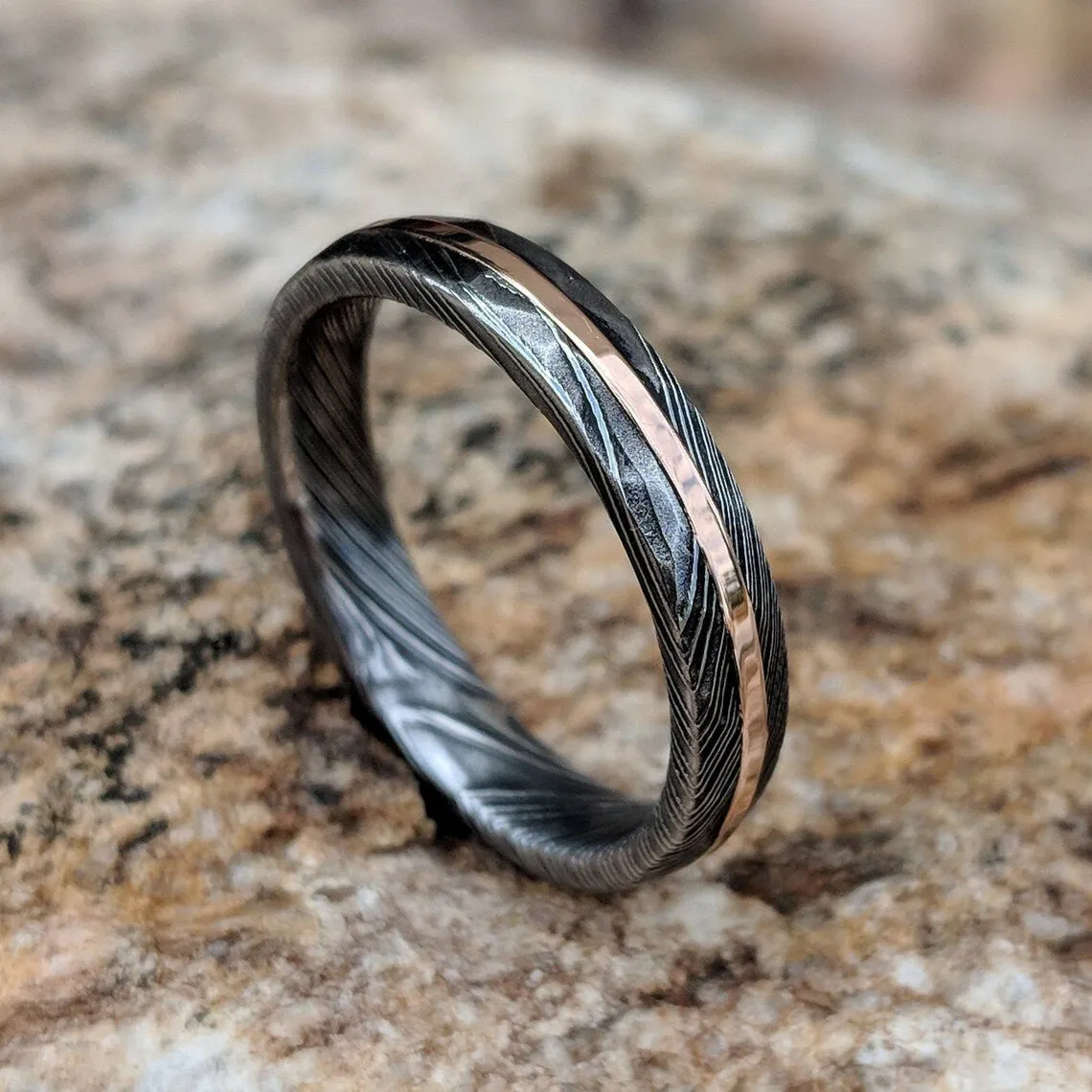 14k Solid Rose Gold Damascus Steel Wedding Bands, Ladies Damascus Steel Bands