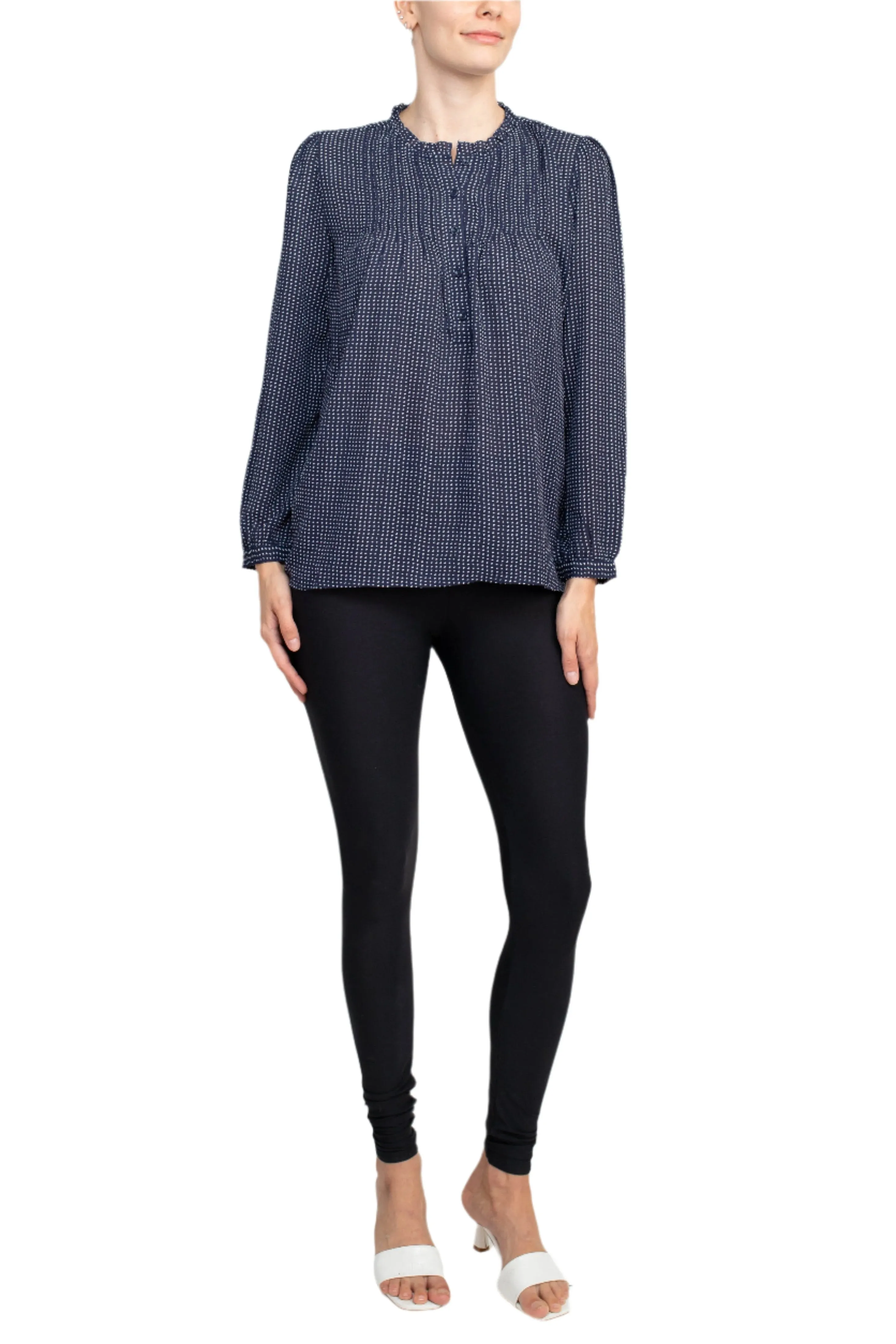 Adrianna Papell Crew Neck Long Sleeves Button Detail Woven Top