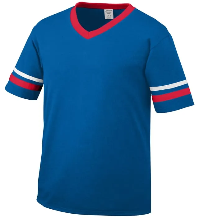 Augusta Royal Blue/Red/White Adult Sleeve Stripe V-Neck Baseball Jersey