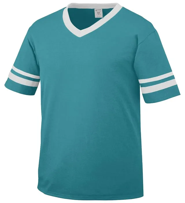 Augusta Teal/White Adult Sleeve Stripe V-Neck Baseball Jersey