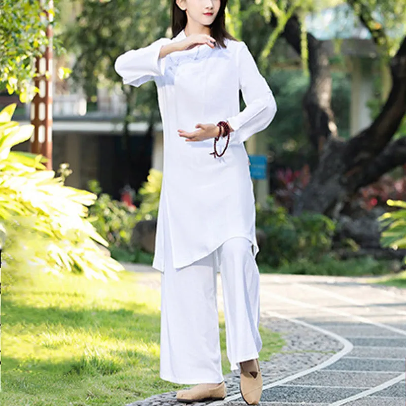 Buddha Stones 2Pcs Plain Long Sleeve Zen Yoga Clothing Meditation Clothing Top Pants Women's Set