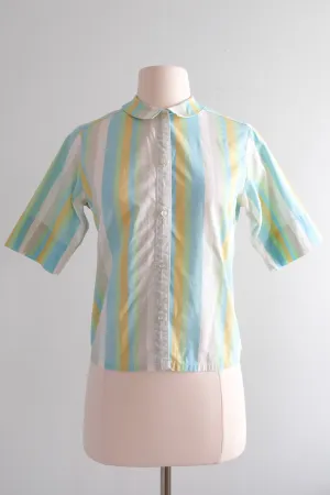 Crisp 1960's Spring Garden Striped Cotton Top / Sz M