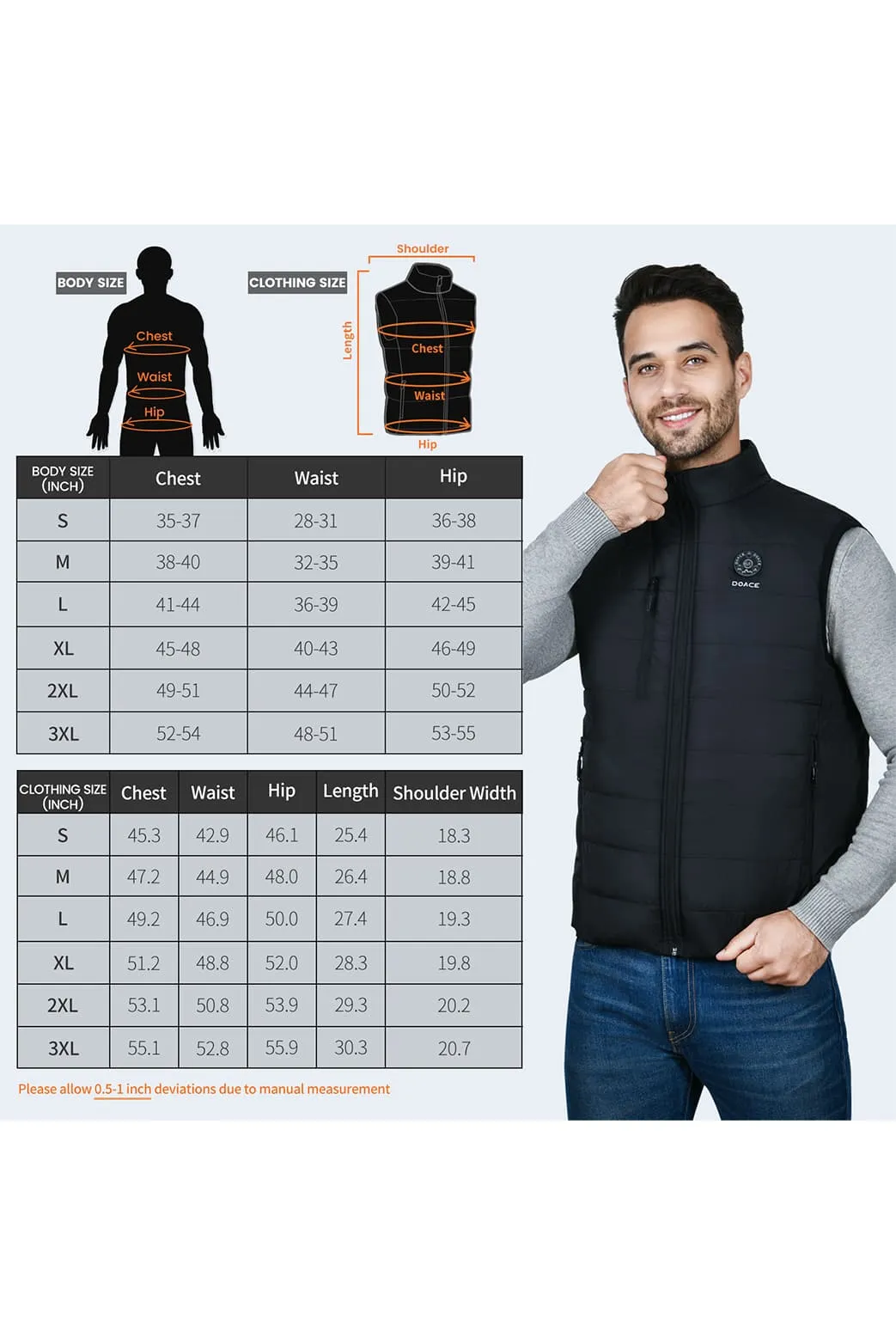 DOACE Wear Cotton Stand Collar Heated  Vest for Men(Battery Not Included)