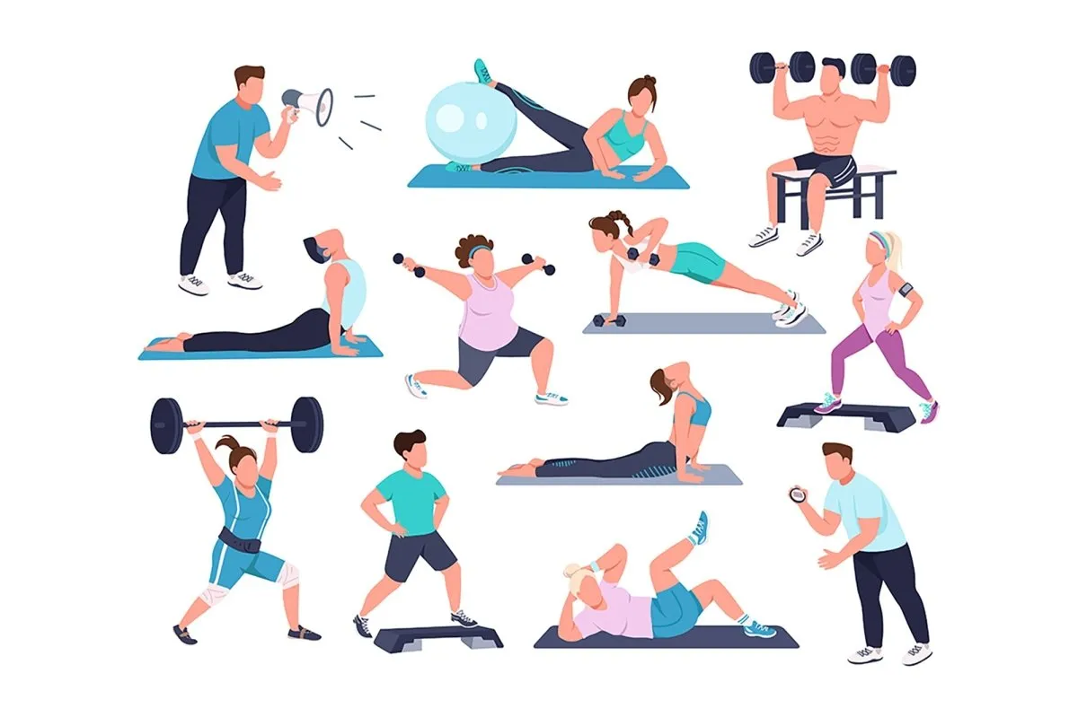 Gym exercise semi flat color vector character set