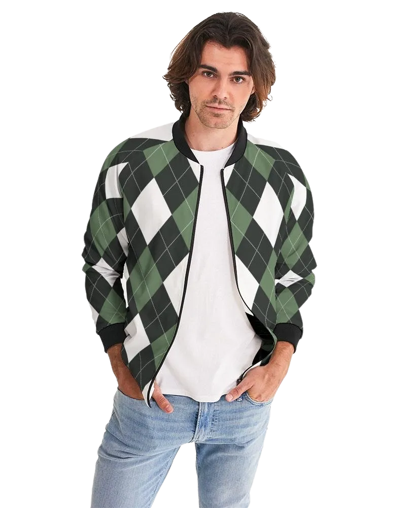 Mens Jacket - Tartan Plaid Trendy Bomber Jacket Green/White