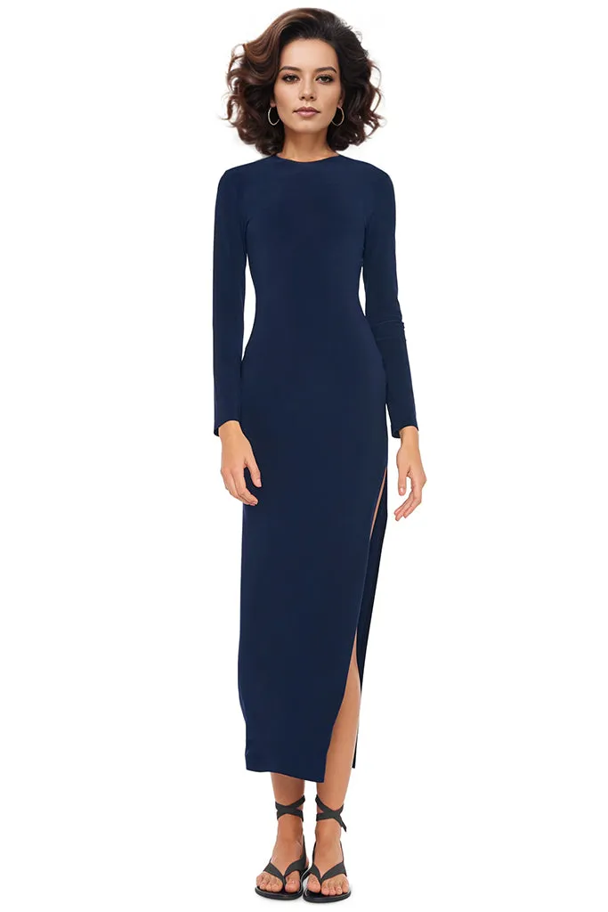 Norma Kamali - Long Sleeve Crewneck Side Slit Gown - True Navy