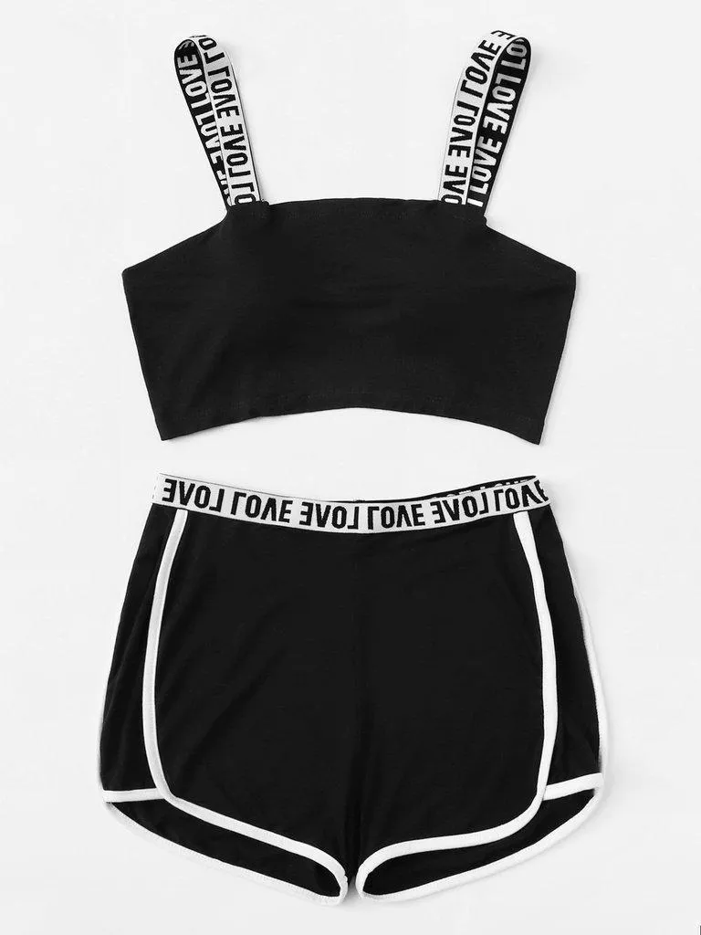 Two Tone Lettering Sports Bra & Shorts Set