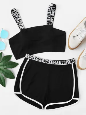 Two Tone Lettering Sports Bra & Shorts Set