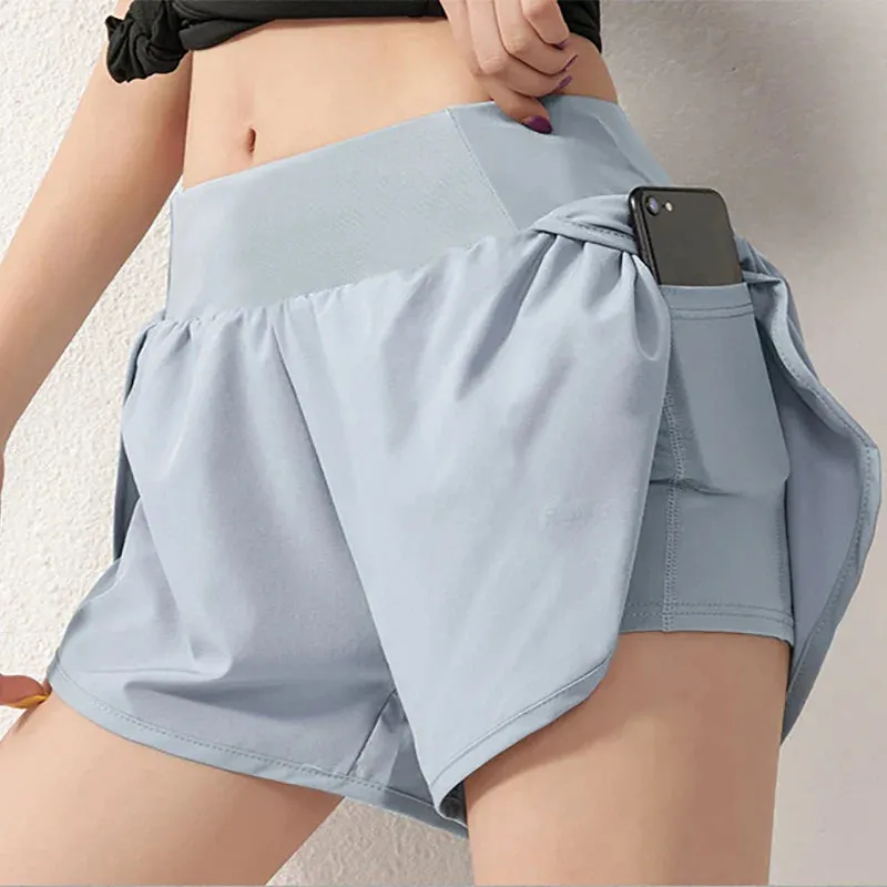 Women 2 In 1 Running Elastic Waist Pocket Summer Yoga Cycling Sports Gym Fitness Sportswear Short