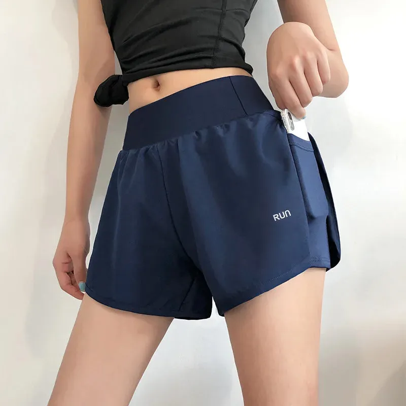 Women 2 In 1 Running Elastic Waist Pocket Summer Yoga Cycling Sports Gym Fitness Sportswear Short