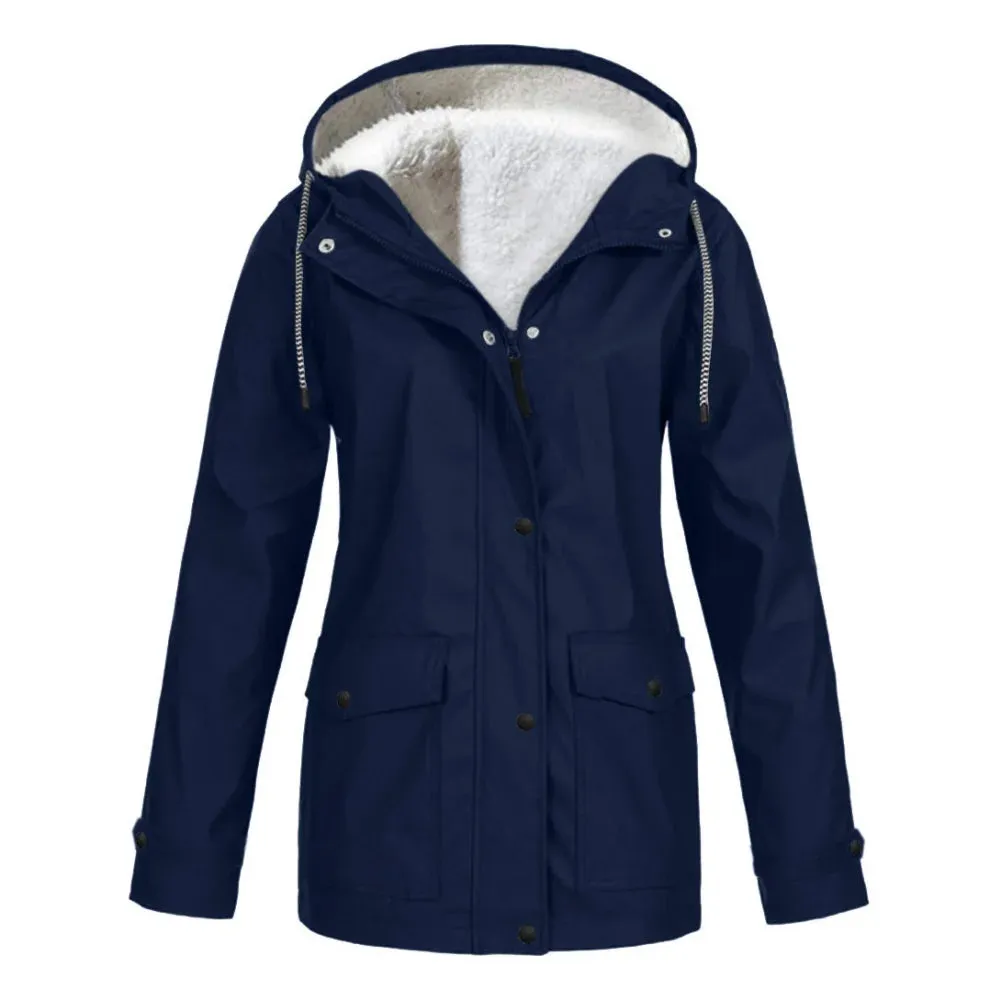 Women's Autumn Winter Plus Velvet Outdoor Jacket Windproof Waterproof Mountaineering Hooded Coat